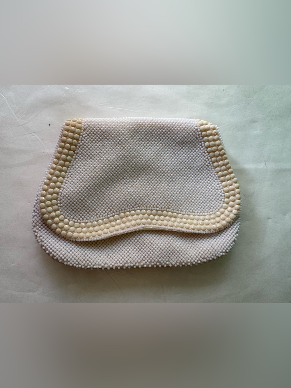 Vintage Beaded Clutch in white Ivory and Cream fold over pocket on both sides